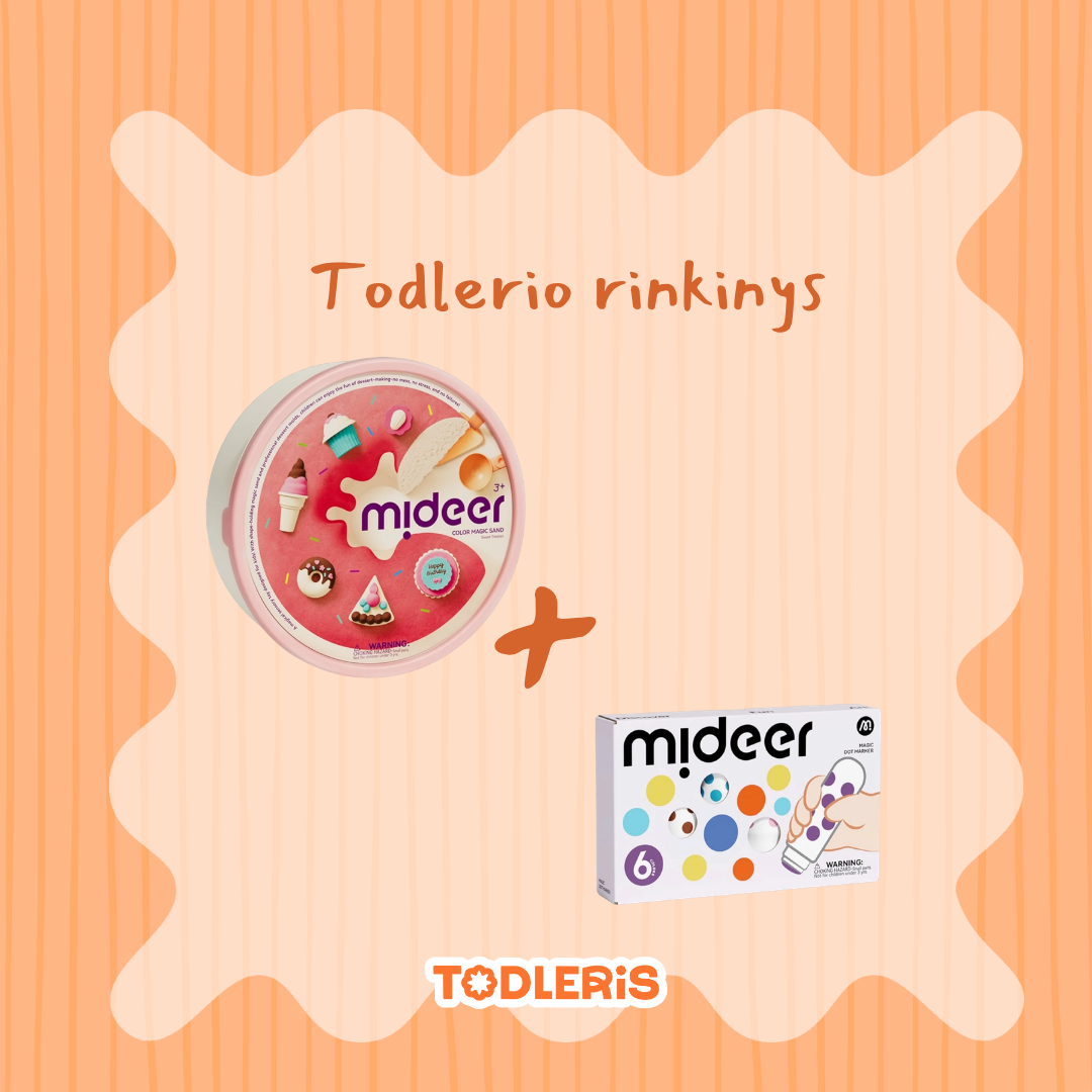 Todlerio rinkinys: kinetinio smėlio rinkinys + išplaunami taškiniai flomasteriai