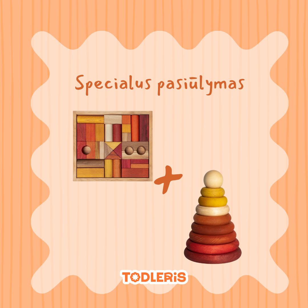 Specialus pasiūlymas:  medinės montessori kaladėles + montessori rūšiavimo žaislas