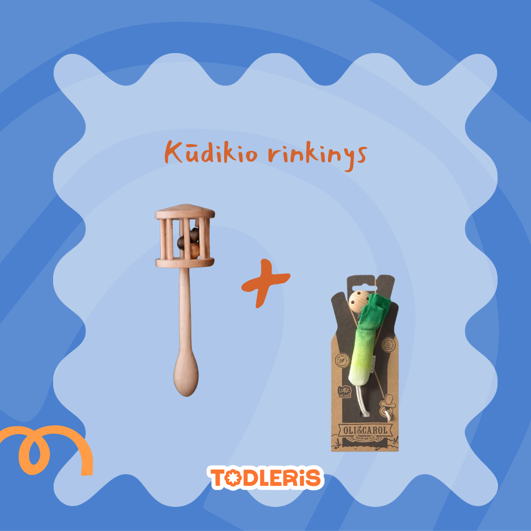 Kūdikio rinkinys: medinis motessori barškutis + čiulptuko sąsaga