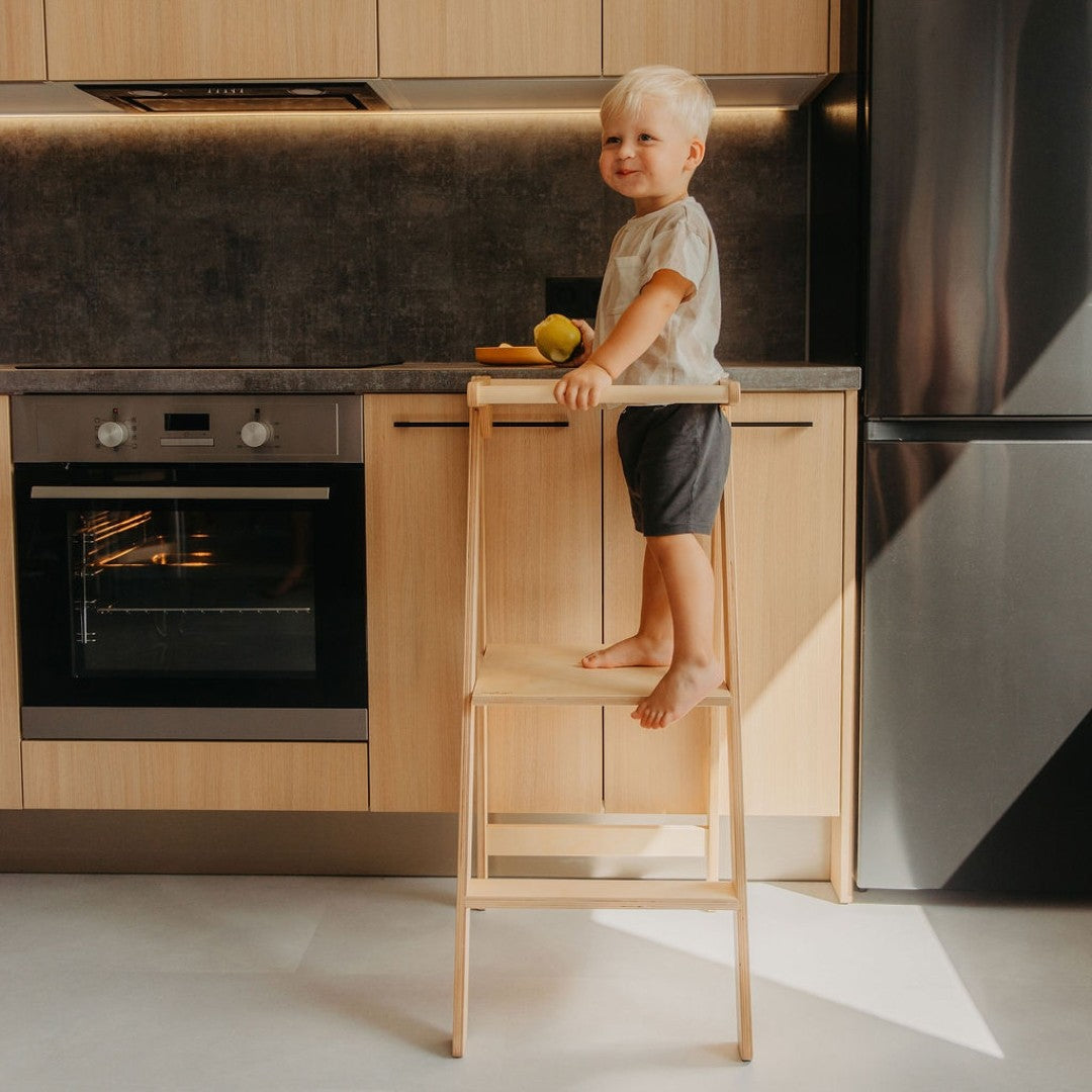 Montessori virtuvės bokštelis vaikams, reguliuojama platforma, beržo fanera
