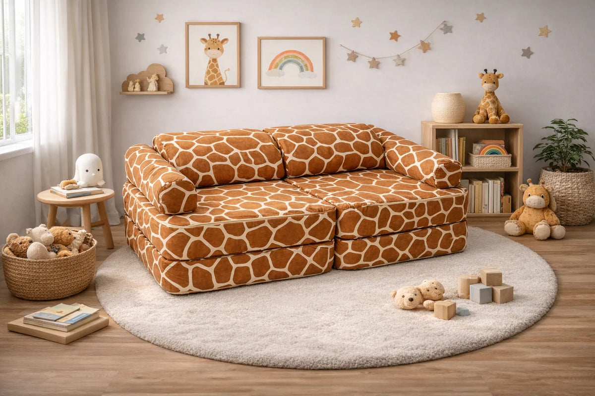 Vaikiška modulinė sofa su žirafos raštu, žaidimui ir poilsiui